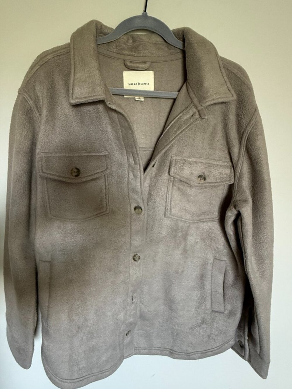 Thread & Supply Taupe Fleece Shacket Jacket Size Large Cozy Button Front
